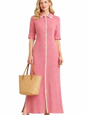 Sara Campbell Peach-Pink Button-Front Maxi Shirt Dress with Contrast Trim